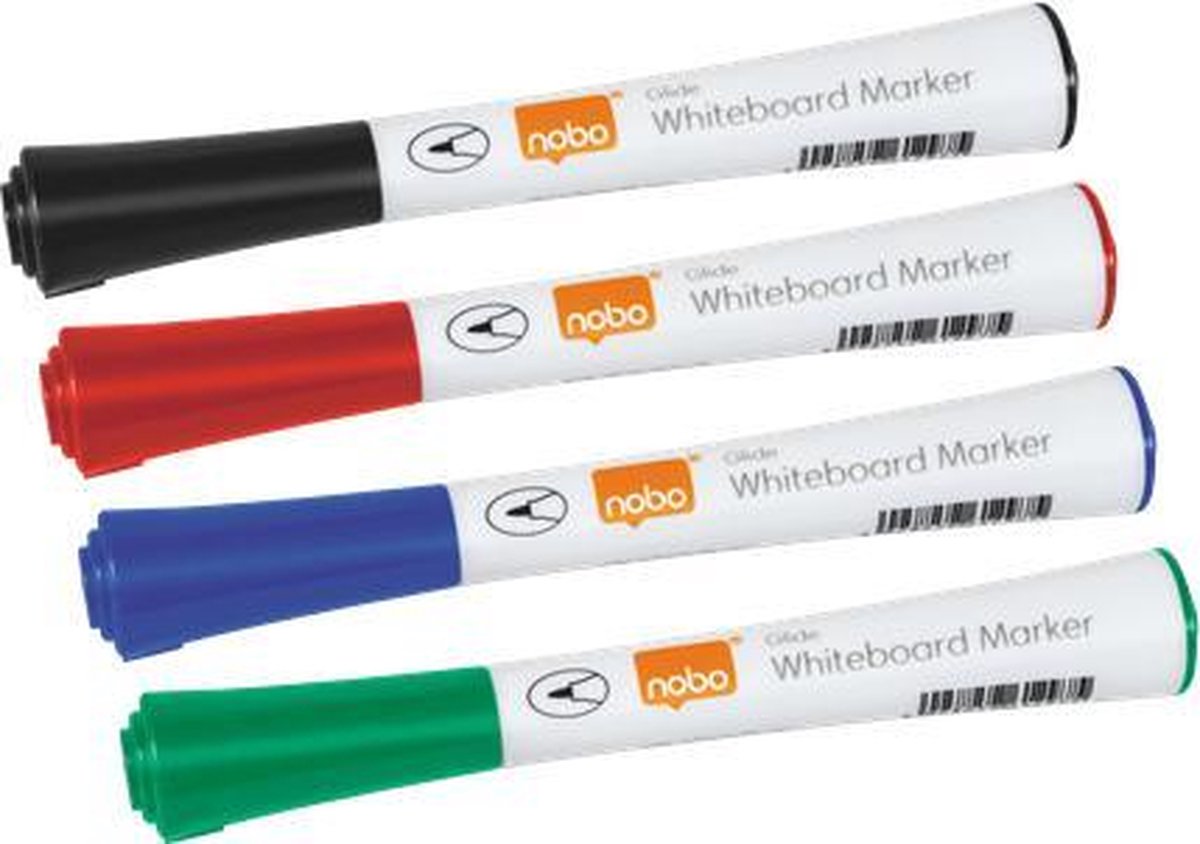 Nobo glide tør-slette tavlemarkører med fin spids - 4 stykker - assorterede farver