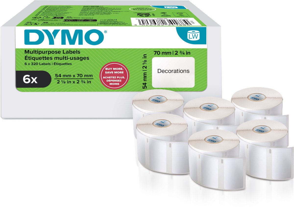 Dymo originale multifunktionelle labelwriter labels | 54 mm x 70 mm | 6 med hver 320 etiketter (1.920 selvklæbende etiketter) | til etiketskriveren etiketprintere | lavet i europa