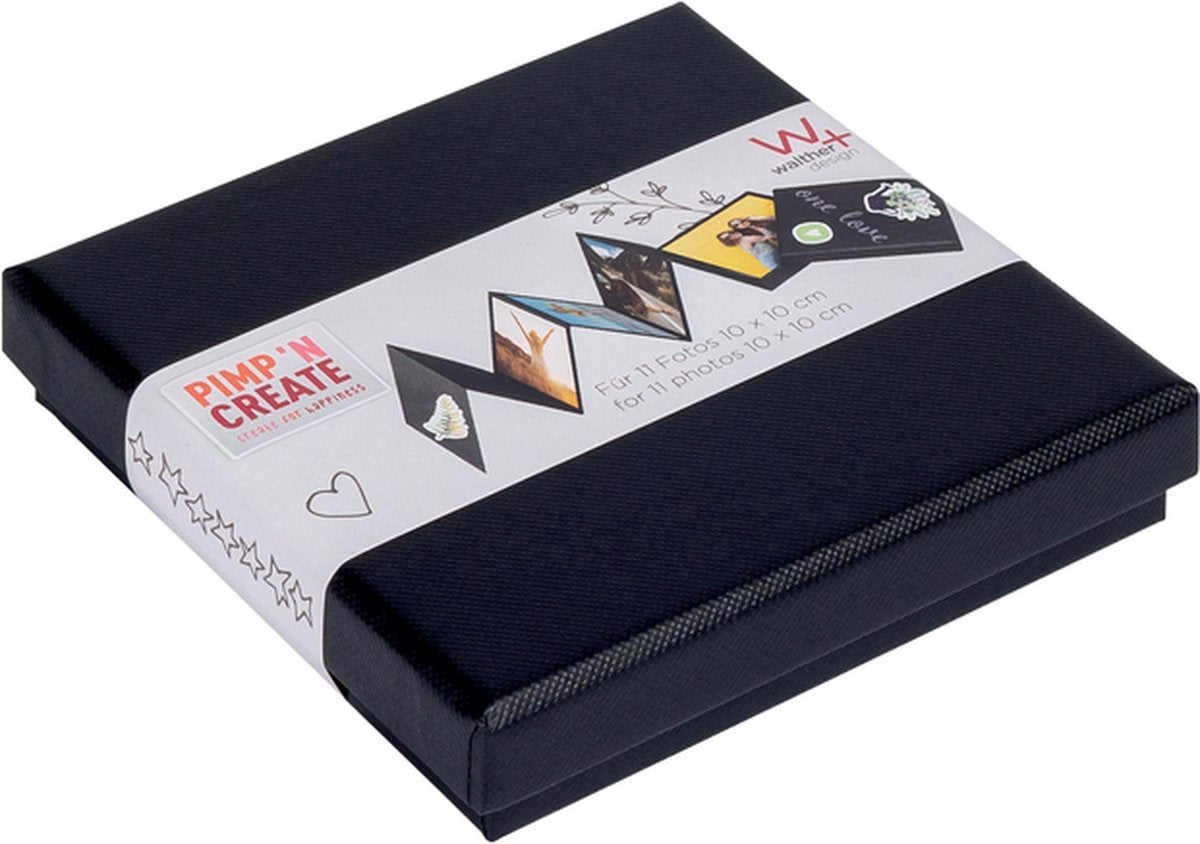 Walther fb-099-b leporello æskepakke - størrelse 12 x 12 x 2,4 cm - 11 billeder 10 x 10 cm - sort