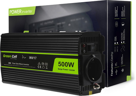 Grøn celle spænding bil inverter 24v til 230v, 500w ren sinusbølge.