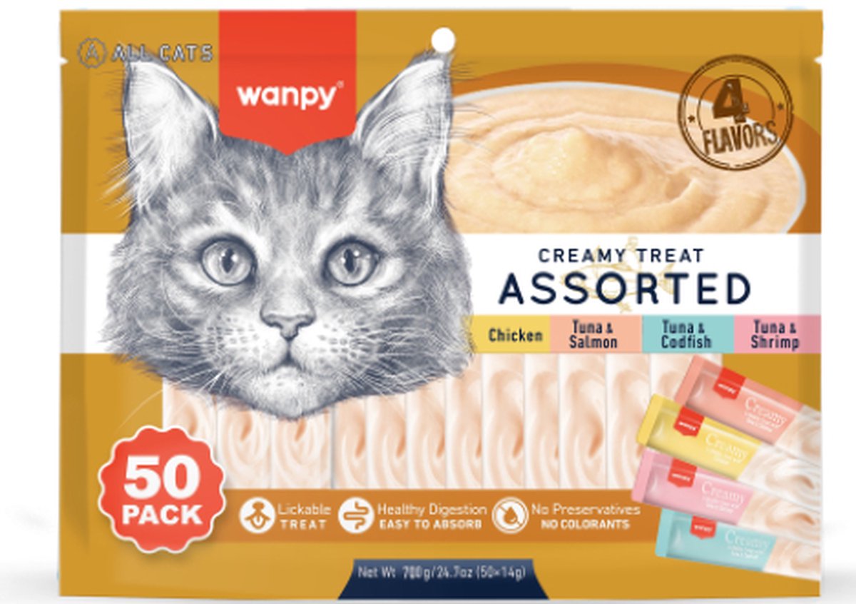 Wanpy slikkede snacks 4 smagsvarianter - kattesnacks - 50 stykker - kattegodbidder