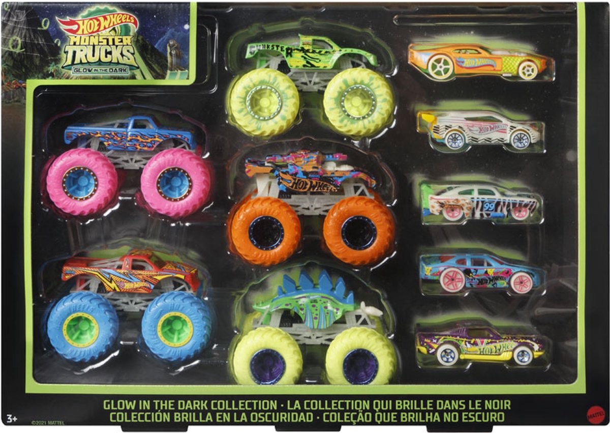 Hot Wheels Monster Trucks sæt med 10 legetøjskøretøjer, der lyser i mørke