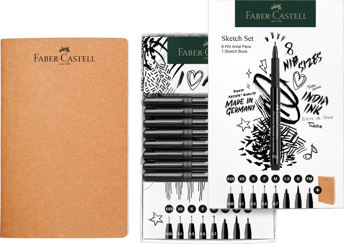 Faber-Castell tegnesæt - 8x Pitt artist pen sort - med skitsebog - fc-267102