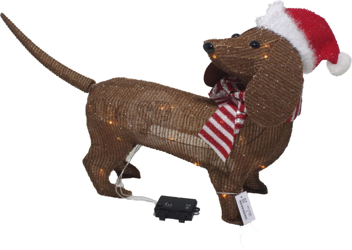 Christmas decoration kerstverlichting figuur - hond teckel - met kerstmuts - 70 x 14 x 43 cm - 40 led lampjes wit
