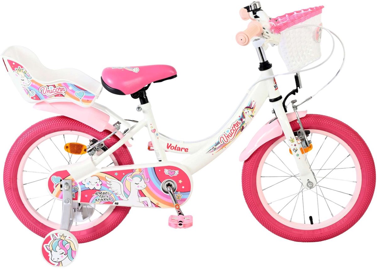Volare enhjørning børnecykel - piger - 16 tommer - hvid - to håndbremser