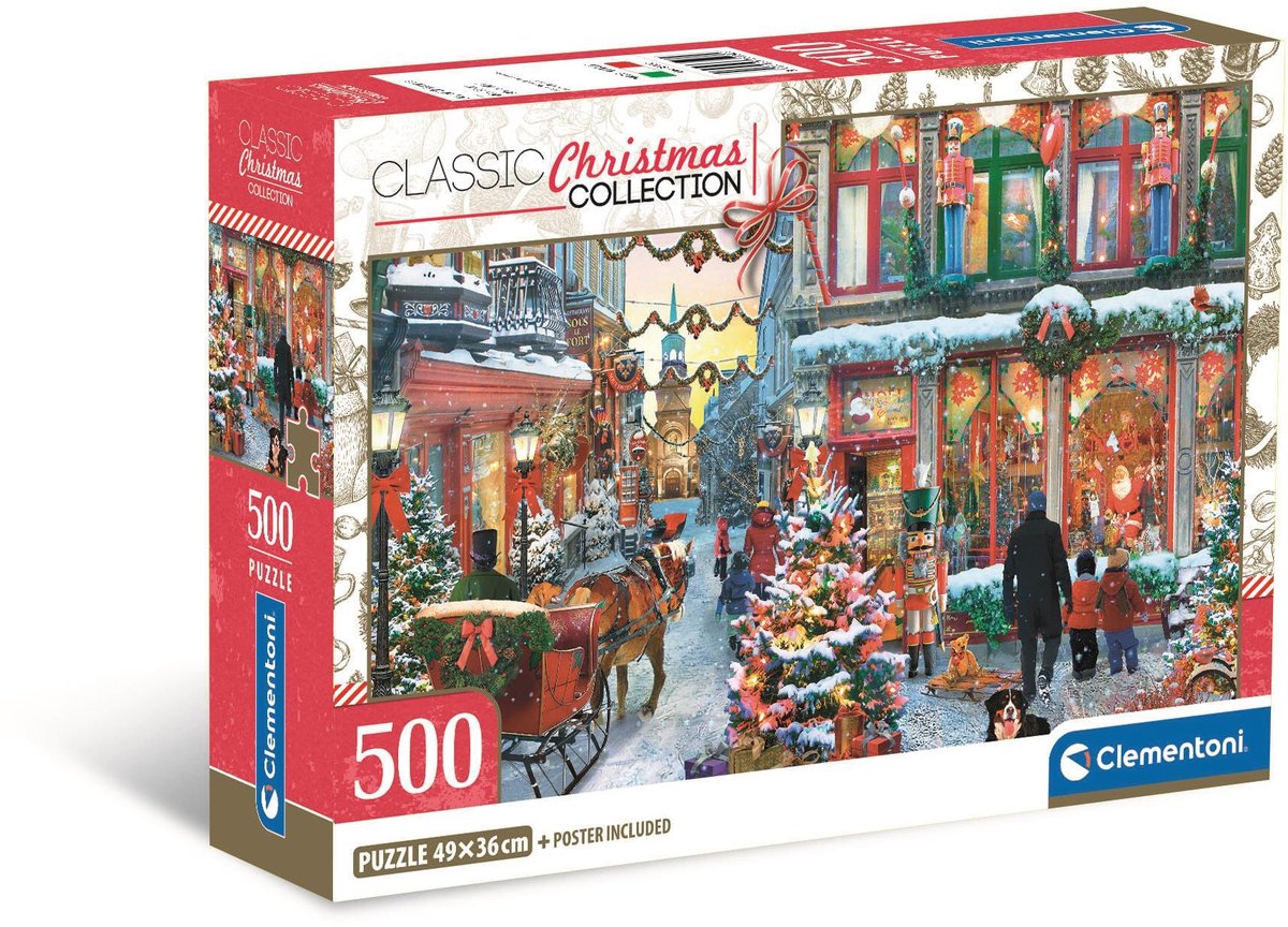 Clementoni puslespil Julepuslespil 500 brikker sneklædt landsbyplakat.