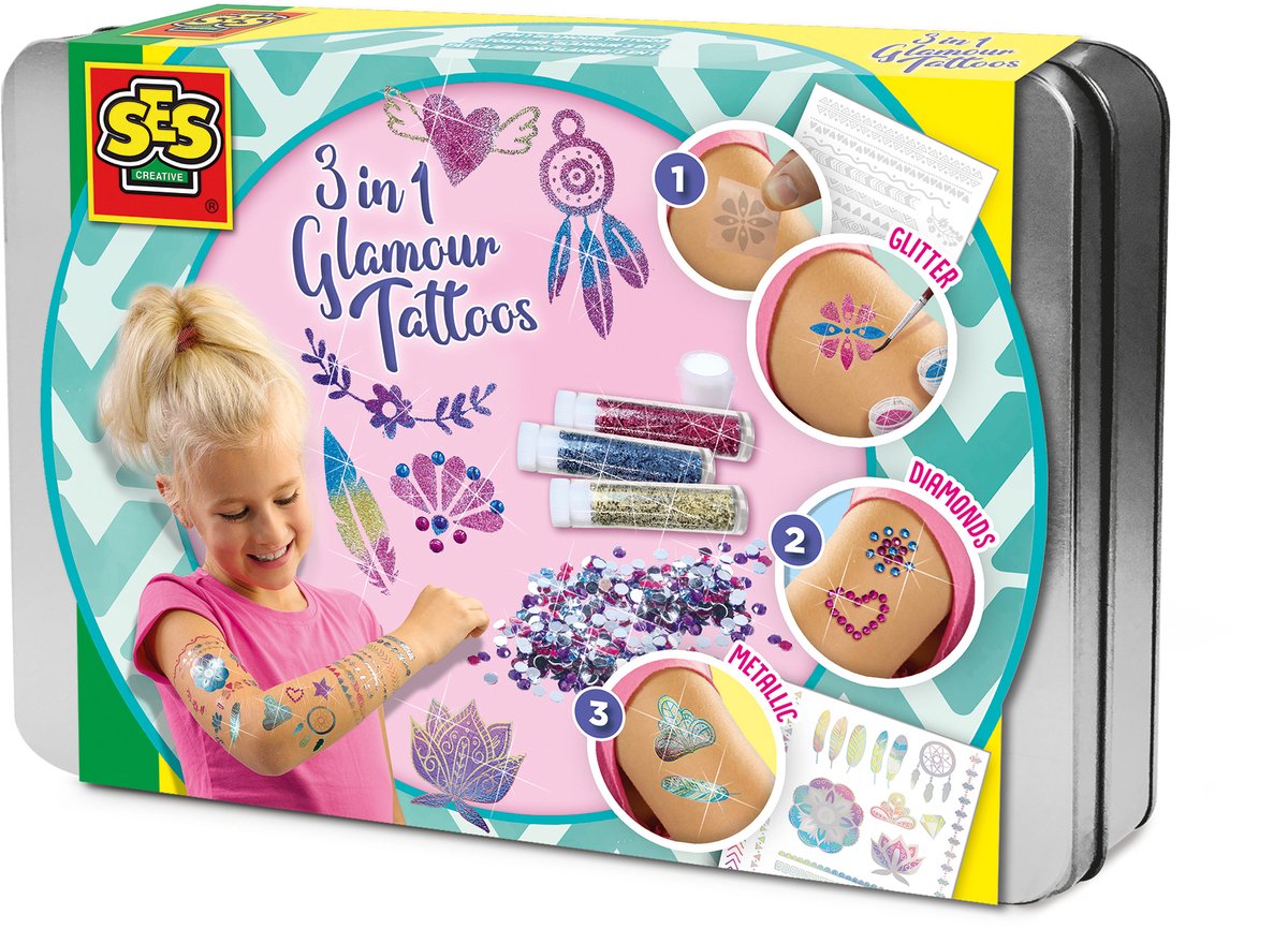 Ses creative - hobby pink - 3 i 1 glamour tatoveringer - piges håndværk - biologisk nedbrydeligt - fra 5 år