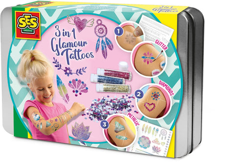 Ses creative - hobby pink - 3 i 1 glamour tatoveringer - piges håndværk - biologisk nedbrydeligt - fra 5 år