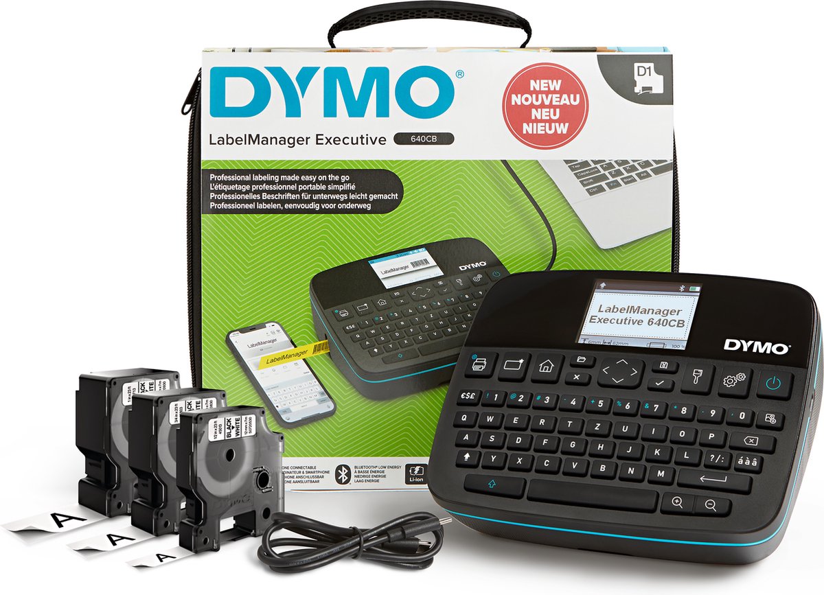 Dymo label manager executive 640 cb bærbar etiketprintersæt med bæretaske og 3 etiketkassetter | kompakt qwertz etiketmaskine | Bluetooth USB-forbindelse | kompatibel med d1 labels