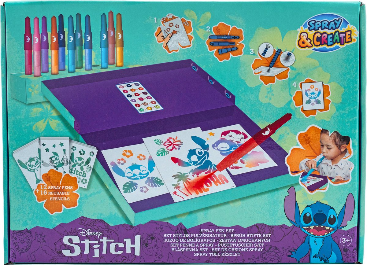 Canenco disney stitch - spray pen sæt deluxe - blæsepenne og stencils - tegnesæt til børn