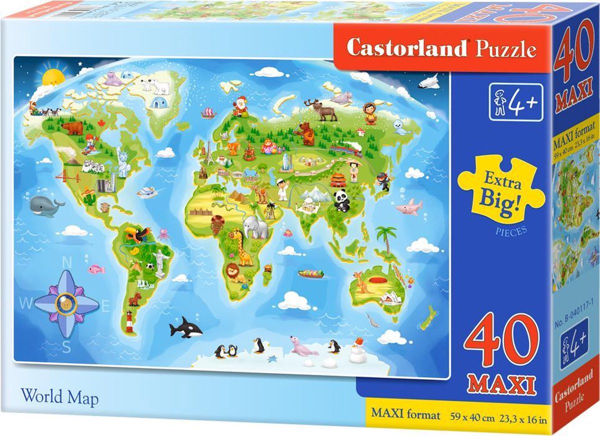Castorland verdenskort maxi – puslespil – 40 brikker – ekstra store brikker – førsteklasses kvalitet – begge sider belagt