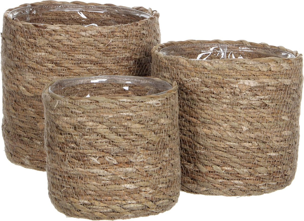 Mica decorations atlantic plantenmand - set van 3 - h16 x ø16 cm - zeegras - lichtbruin