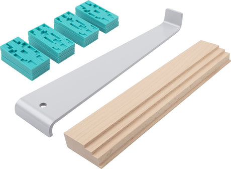 Wolfcraft - laminat lægningssæt - komplet sæt PVC lægning - trækstang - pladevat træ - justerkiler - 22 dele - 6931000