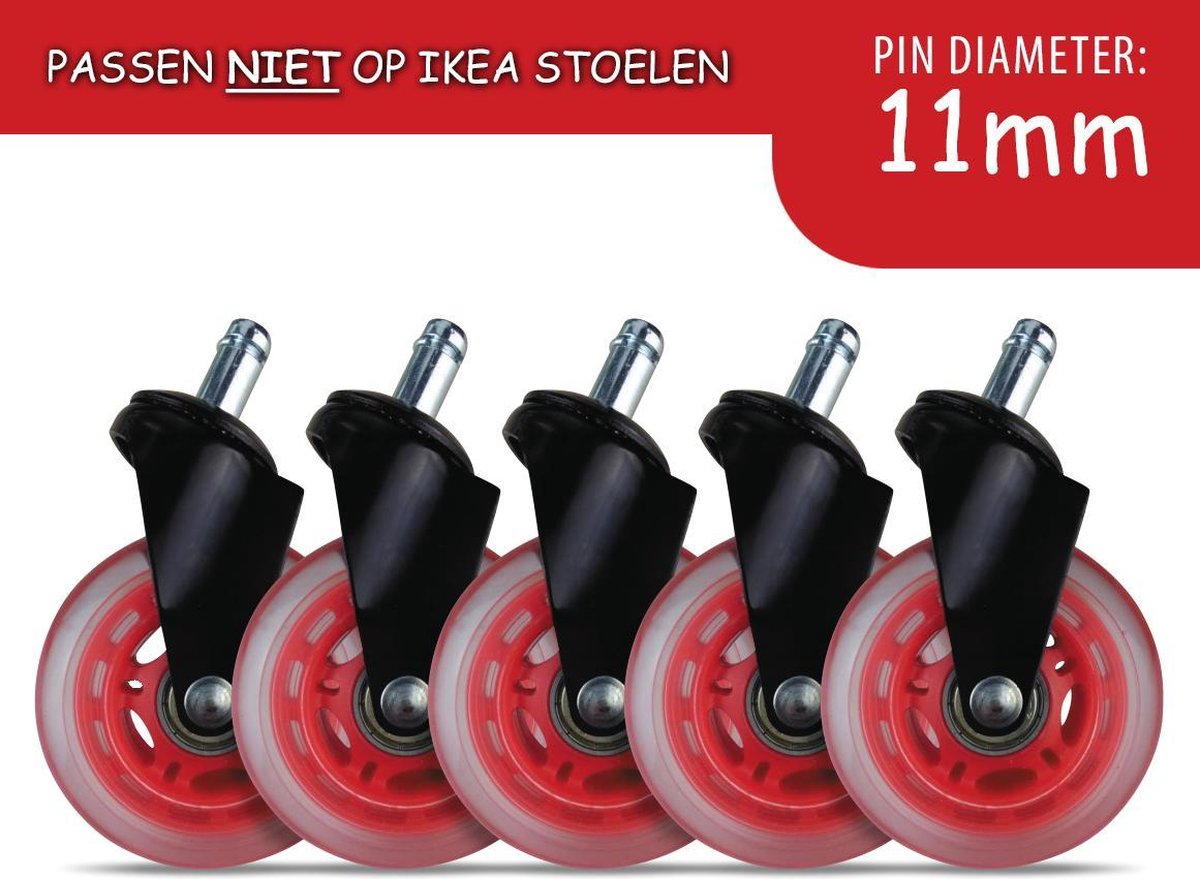 L33t-gaming - 3 hjul til gaming stole universal 5 stk - 3 tommer gummi kontorstol hjul til gaming stole - rød
