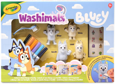 Crayola washimals - blå - håndværkssæt med klistermærker og 4 hvalpe, 6 vaskbare tuscher, klistermærker og børste - legetøj og gave til børn fra 3 år