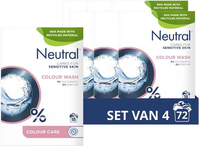 Neutral - vaskepulver - parfumefri farve - 4 pakker - 72 vaske - værdipakke