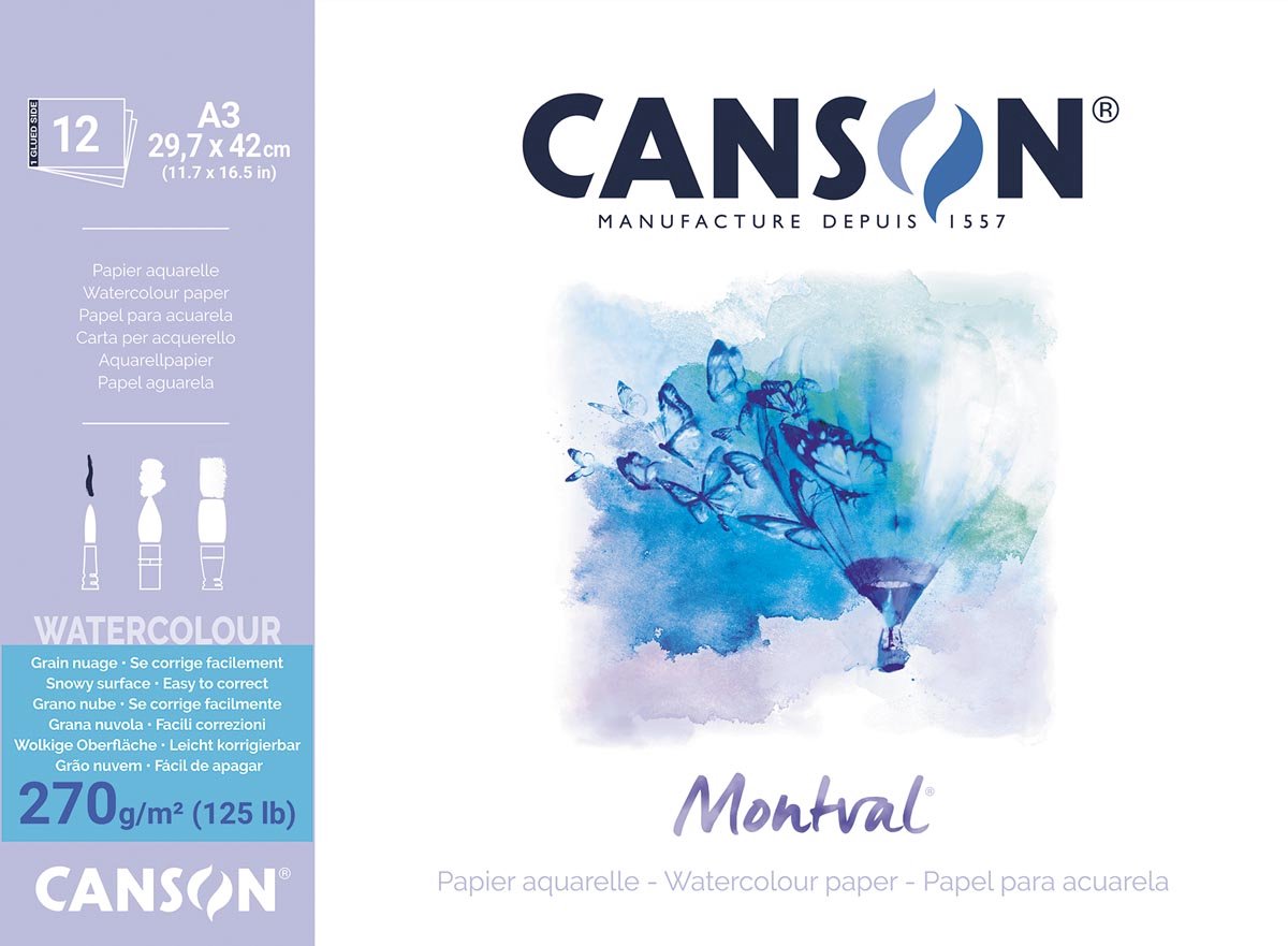 Canson montval akvarelpapir, hvid med groft korn 270 g m?, ft a3, blok á 12 ark