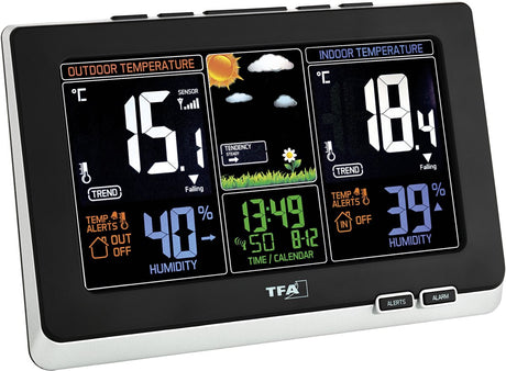 Tfa dostmann 35.1129.01 - vejrstation - digital - indendørs og udendørs temperatur - indendørs og udendørs fugtighed - radiostyret tidsvisning - temperaturalarm - vejrudsigt - datovisning - farvedisplay - 7 sprog - sort - hvid