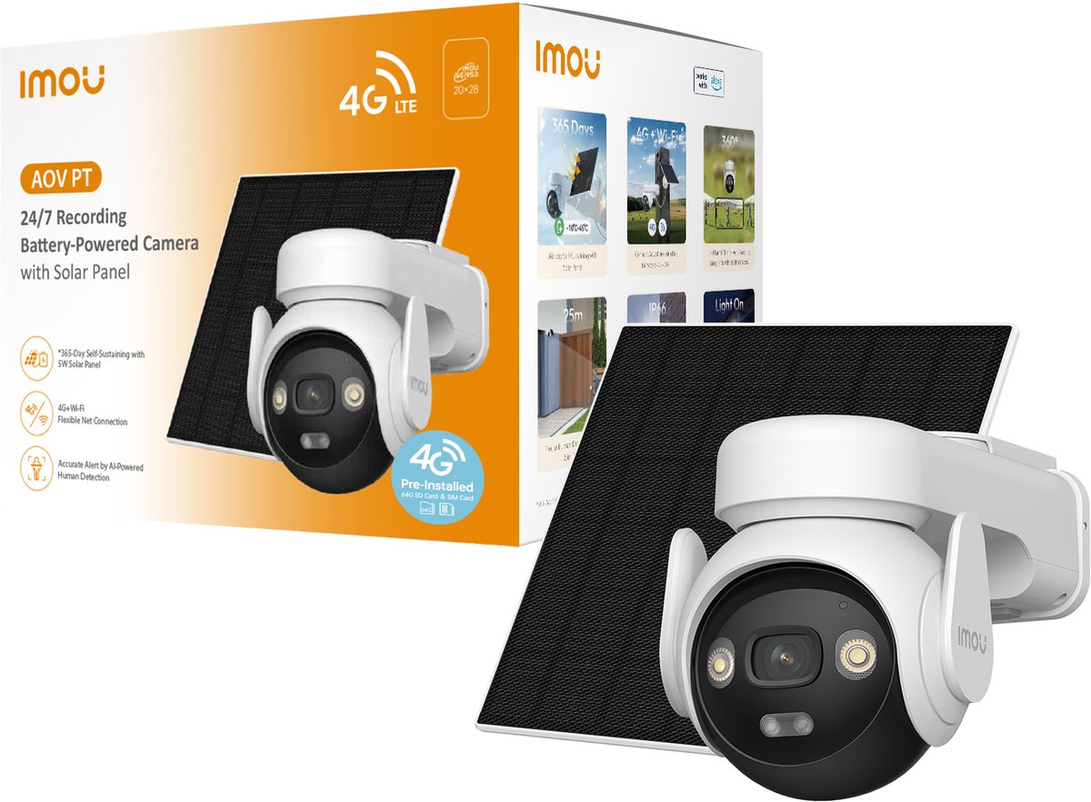Imou Aov PT Kit – Batteridrevet trådløst sikkerhedskamera med solpanel – 5MP 3K – 4G WiFi – 360° PTZ – Kontinuerlig optagelse