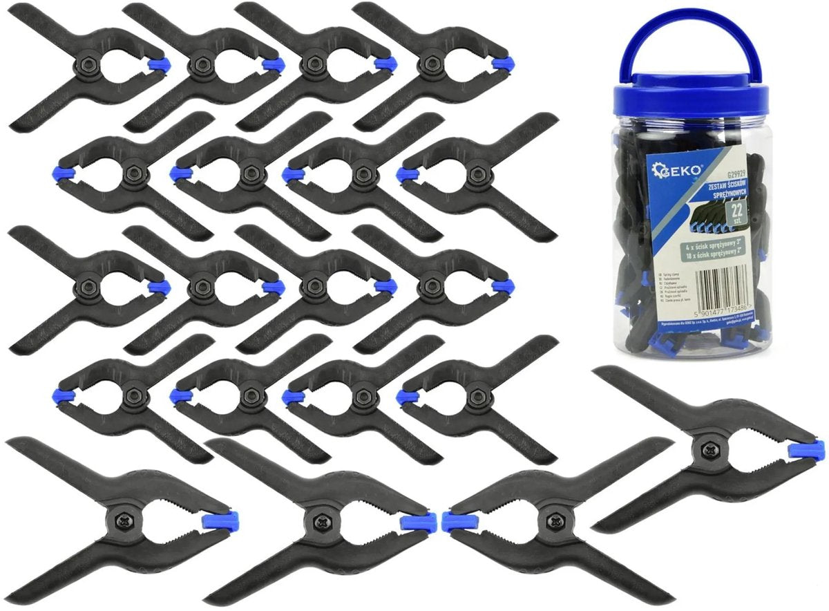 Geko sæt med 22 fjederklemmer - plastik - stålfjeder - 50mm 75mm