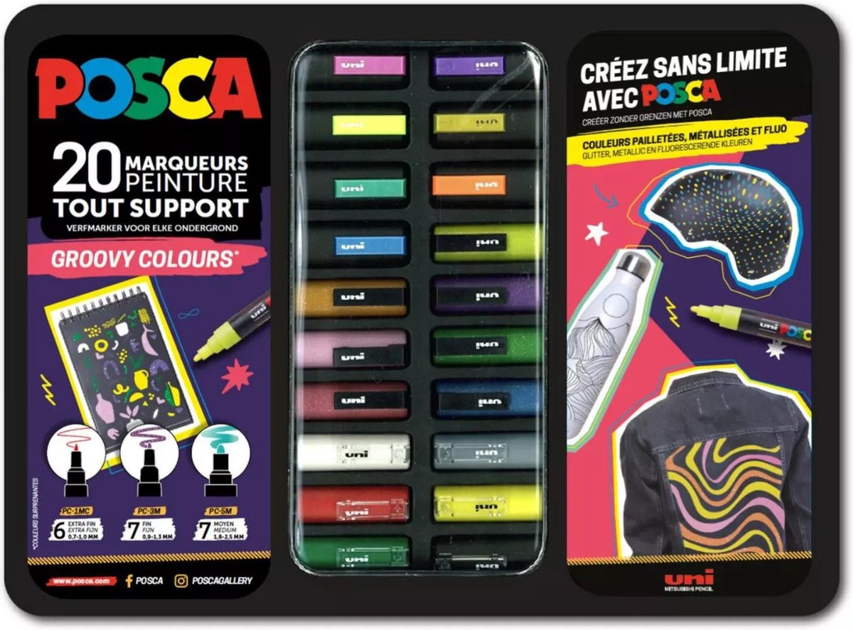 Posca uni uni malermarkør kuffert groovy farver 20 stk