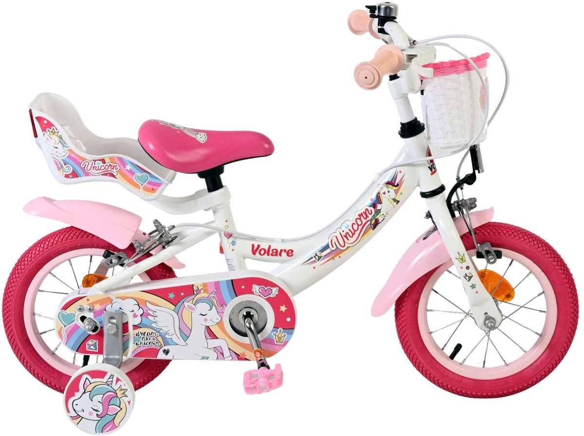 Volare enhjørning børnecykel - piger - 12 tommer - hvid - to håndbremser
