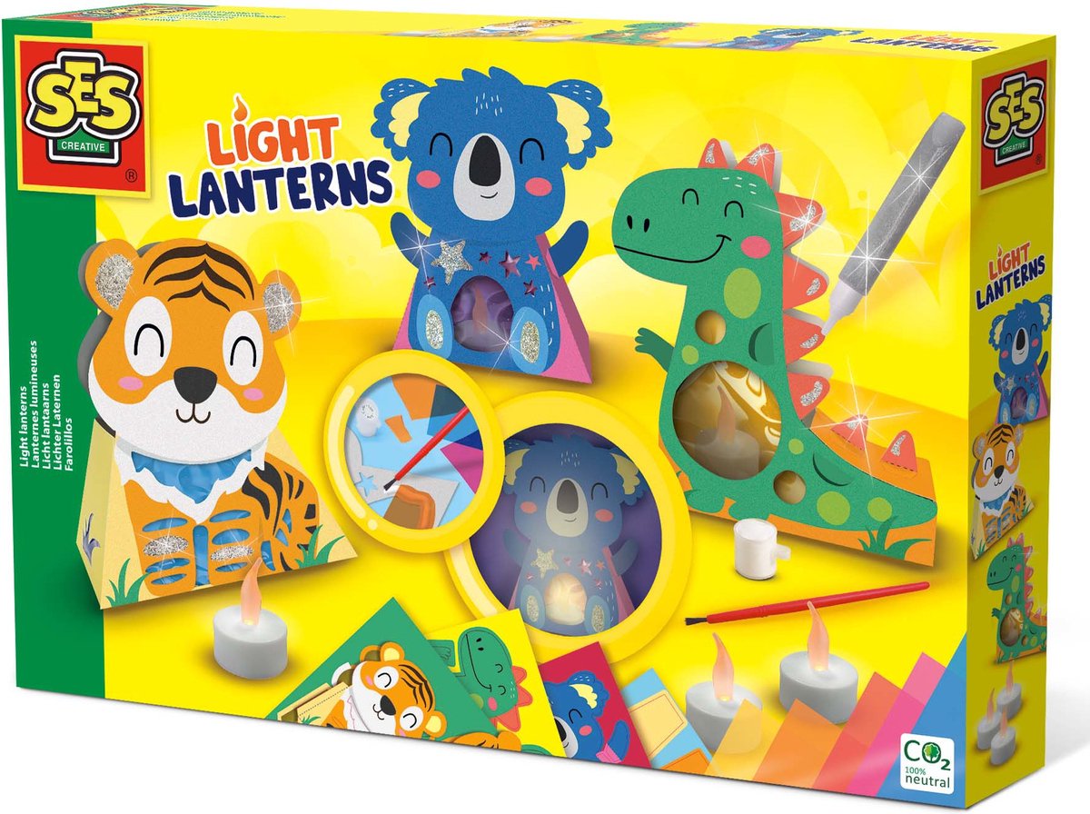 Ses - lette lanterner - lav selv 3 lanterner - med 3 LED stearinlys, 5 farvede cellofanplader, lim og pensel
