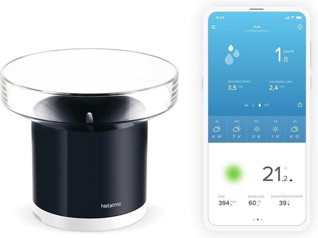 Netatmo smart regnmåler - trådløs nedbørsmåler til vejrstation - fungerer med Google Home Alexa - med app - sort