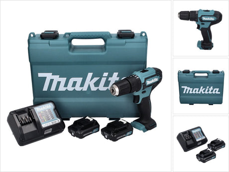 Makita hp333dwae 12 volt CXT akku boremaskine med slagfunktion med 2x 2,0ah batterier og oplader i kuffert, slagboremaskine og skruetrækker.