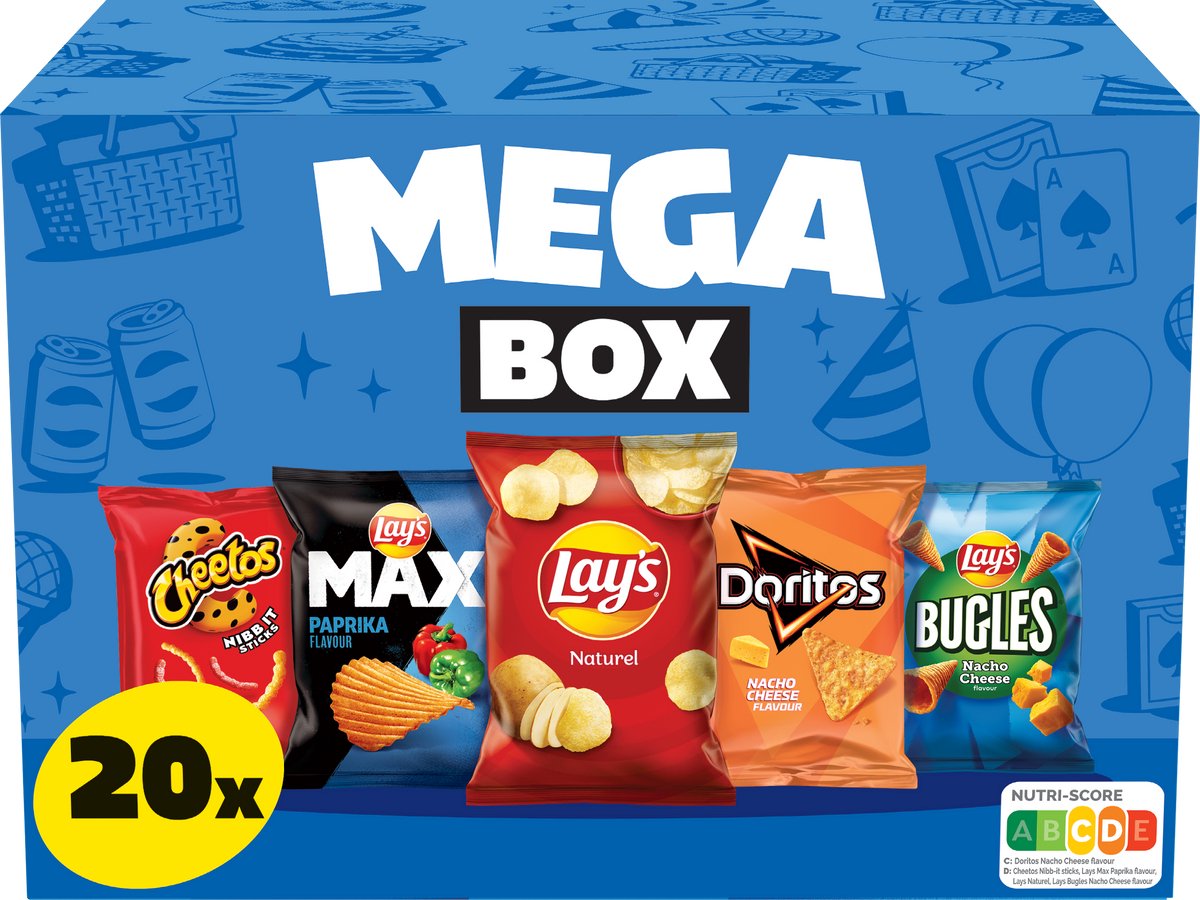 Lay's chips mega box mix - paprika, naturlig nacho ost - æske 534 gram indeholder 20 distributionsposer