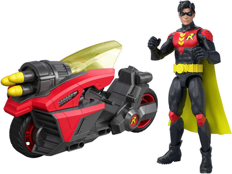 Mattel dc premier robin figur og 6 tommer motorcykel med projektil affyring