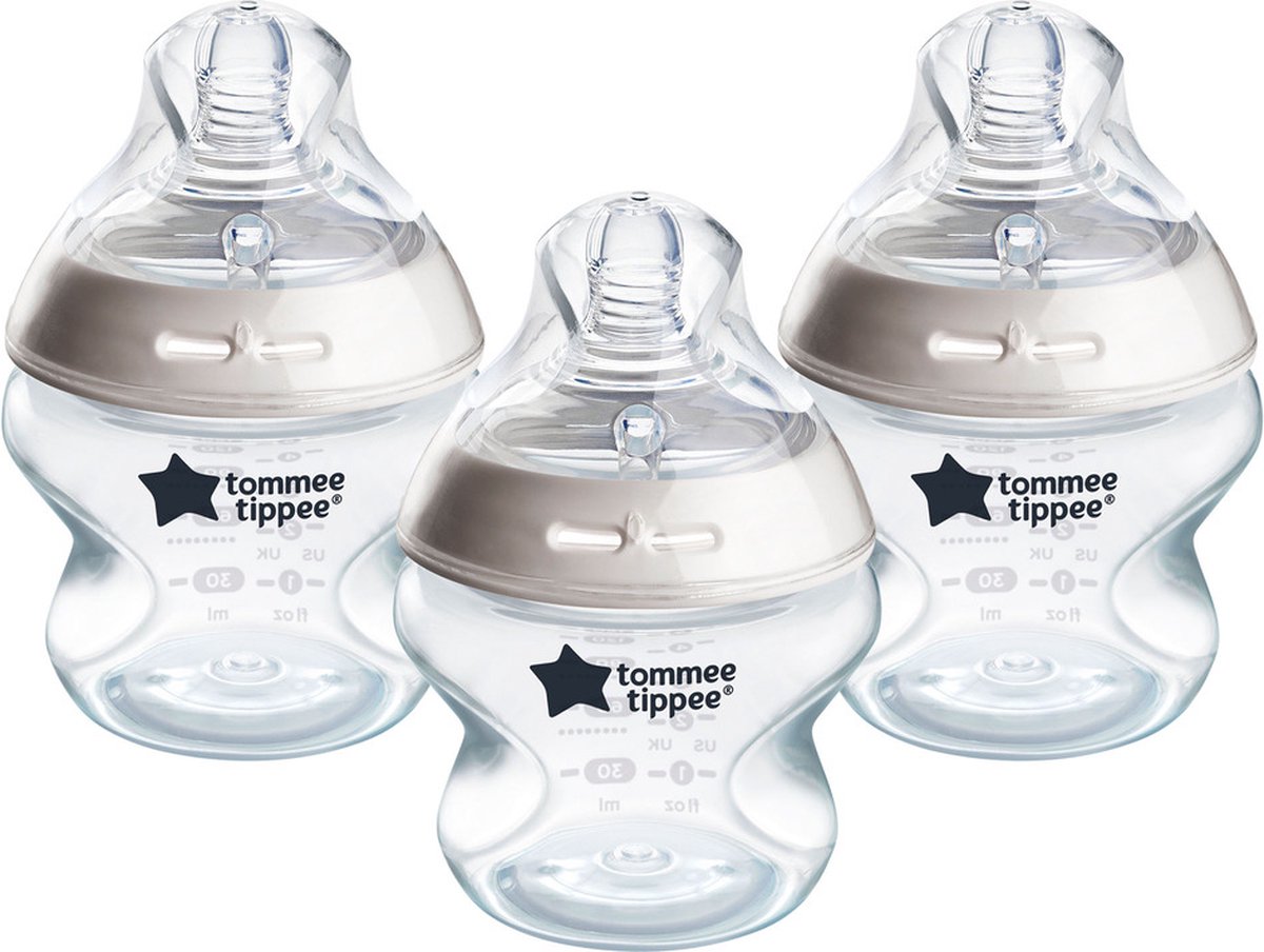 Tommee tippee naturlig start sutteflasker, 0m+, sutteflasker sæt med 3, 150 ml, brystformet sutte til naturligt sutte, lav flowhastighed, selvsteriliserende og BPA-fri, babyfodring.