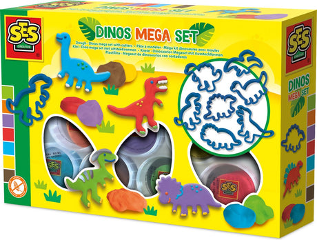 Ses creative - dino klei - mega set met kleivormen (7x90g) - vegan en glutenvrij - herbruikbaar - uitwasbaar - vanaf 2 jaar
