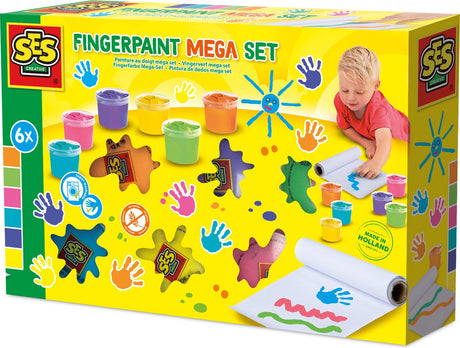 Ses creative - fingermaling mega sæt 6 farver x 110ml - inklusive papirrulle 2 meter lang - muntre farver