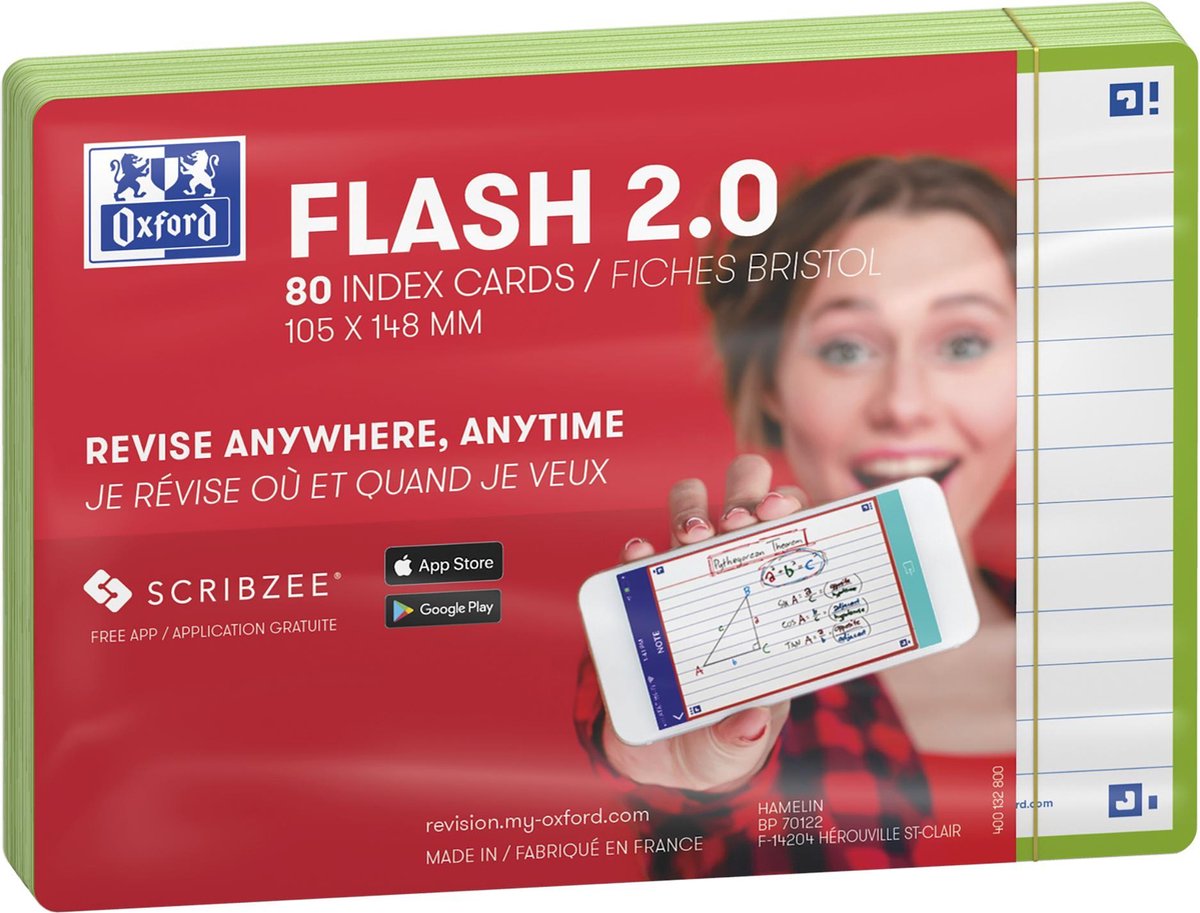 Oxford flash 2.0 - flashcards - lined - a6 - grøn kant - 80 stk