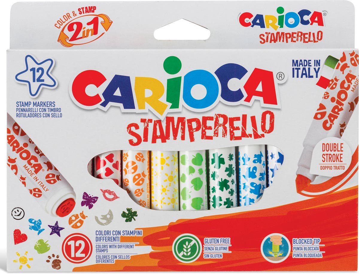 Carioca - stempelmærke - super vaskbar - 12 tuscher (= 12 farver og 12 stempel motiver)