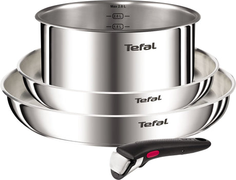 Tefal Ingenio Emotion L896S453 – 4-delt pandesæt – rustfrit stål 2 stegepander 1 gryde – aftageligt håndtag – stabelbar – induktionsegnet – ovnsikker – kompakt køkkengrej