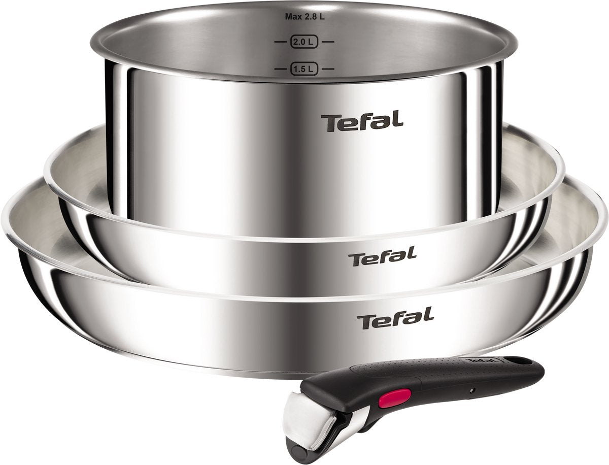 Tefal Ingenio Emotion L896S453 – 4-delt pandesæt – rustfrit stål 2 stegepander 1 gryde – aftageligt håndtag – stabelbar – induktionsegnet – ovnsikker – kompakt køkkengrej