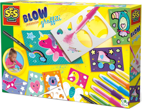 Ses creative – blow airbrush graffiti – kreativt håndværkssæt fra 6 år – inklusive 6 airbrush penne, sort tusch, stencils og farvelægningssider