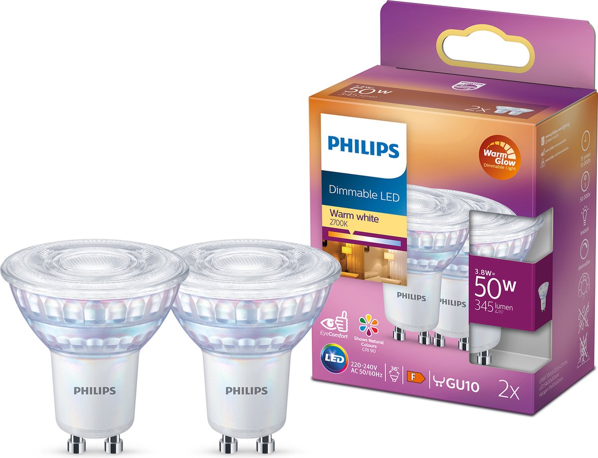 Philips LED energieffektiv spot - 50 w - gu10 - dæmpbart varmt hvidt lys - 2 stk - spar på energiomkostninger