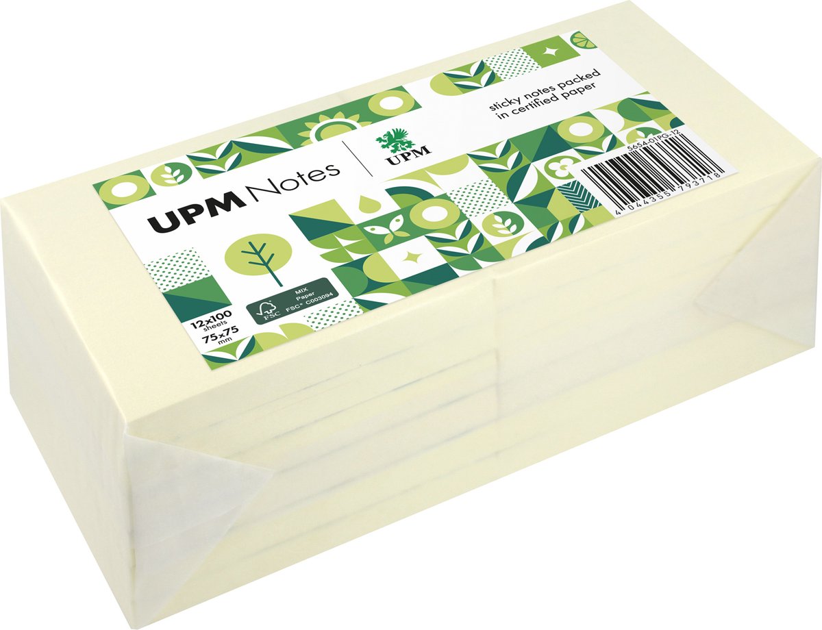 Info noter upm sticky notes - pastel - 12 x 100 ark - 75x75mm - gul - in-5654-01pg12