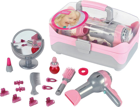 Klein toys braun hårstylingkuffert med hårtørrer - hårpynt, spejl, læbestift og parfume - inkl. ventilator med koldluftmekanisme - pink grå
