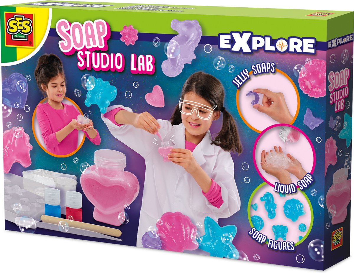 Ses creative - sæbestudielab - DIY sæbefremstillingssæt til børn - lav flydende, hård og gel sæbe - eksperimentæsker - håndværk til piger