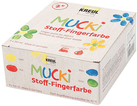 Mucki tekstilfingermaling - 4 x 150 ml fingermaling til tekstiler - farver gul, rød, blågrøn