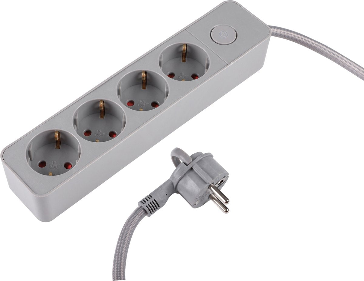 Q-link stikkontakt - 4-vejs - flad - jordet - 3 x 1,5 mm� - 1,5 m - tekstil - grå