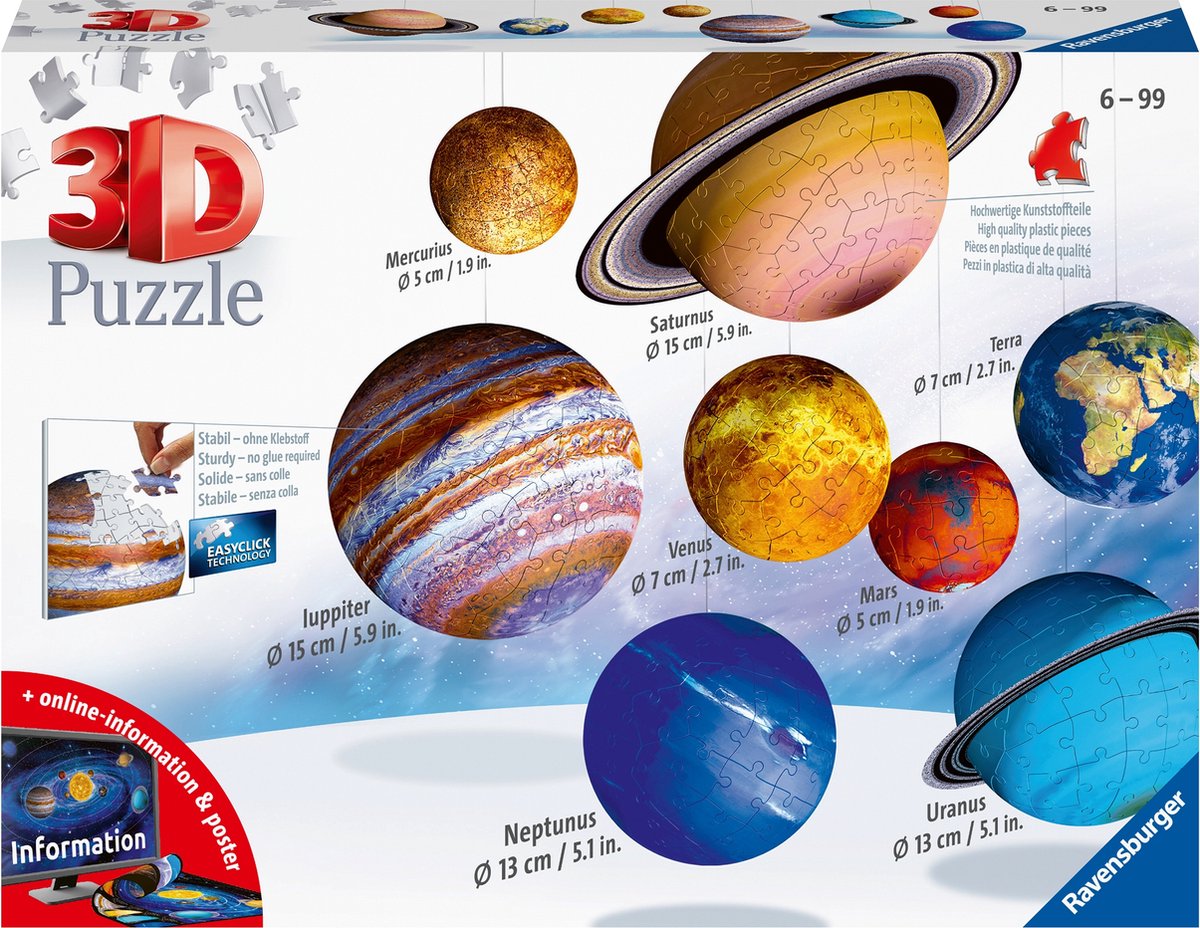 Ravensburger 3d solsystem - 3d puslespil - 27 54 72 108 brikker