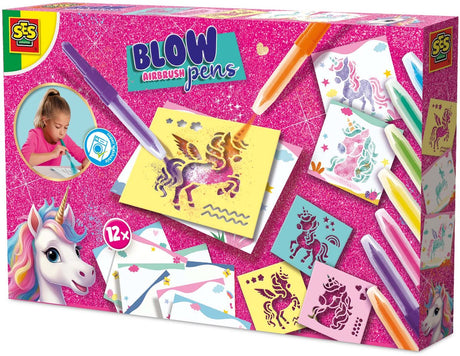 Ses creative - enhjørning - blow airbrush penne - piger håndværk - 12 farvekort - kan vaskes fra tøj - fra 5 år