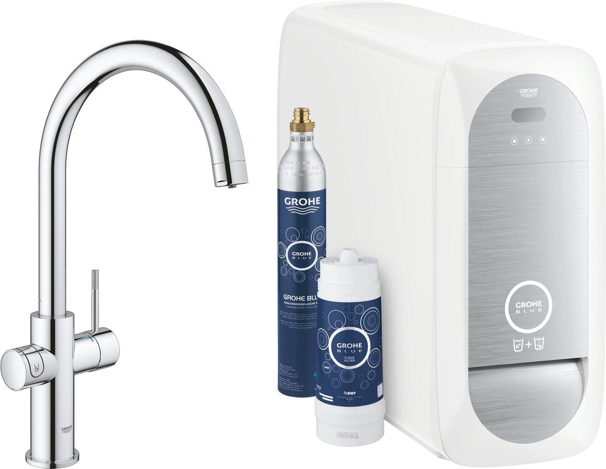 Grohe blue home duo køkkenhane - med Bluetooth og WiFi - startsæt - c-tud - krom - til renset, afkølet og mousserende vand
