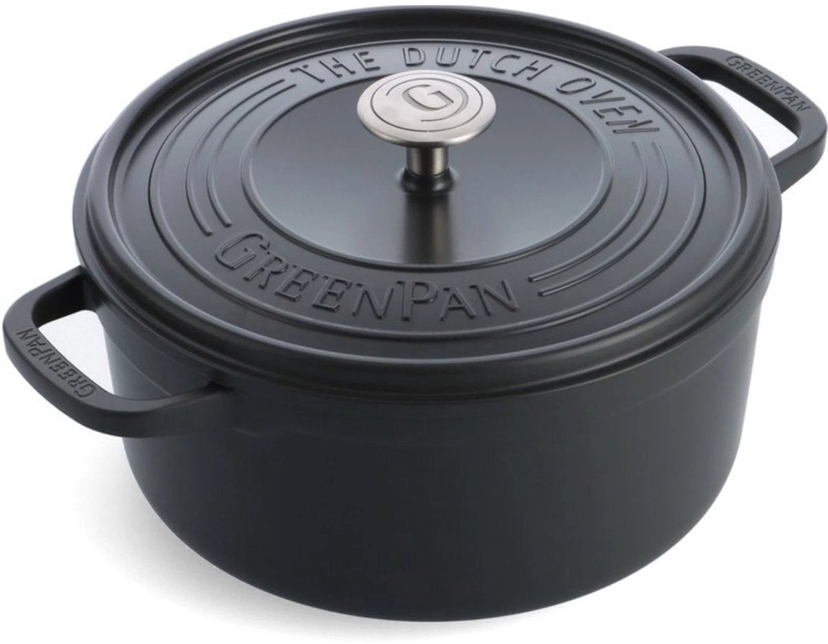 Greenpan featherweights stegepande 26cm - 5,3l - uden pfas-fri non-stick belægning - induktions stegepande - ovnsikker op til 230°c - emaljeret støbejern - med låg - sort