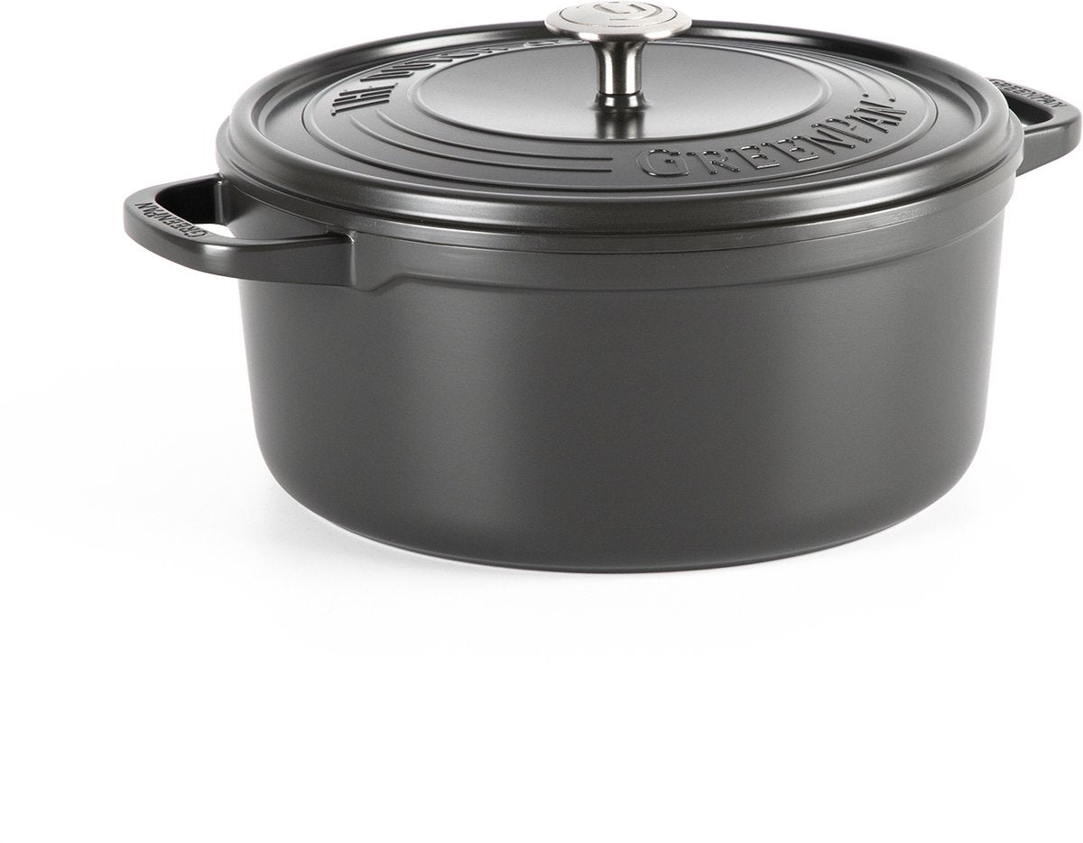 Greenpan featherweights stegepande 22cm - 3l - uden pfas-fri non-stick belægning - induktion stegepande - ovnsikker op til 230°c - emaljeret støbejern - med låg - sort